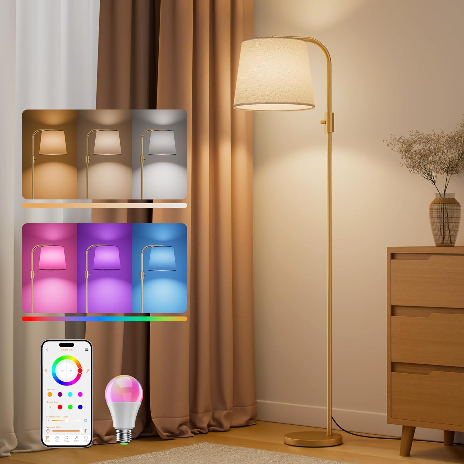 Arc Floor Lamp for Living Room with Smart RGBCW Color Changing Bulbs Dimmable, Stand lamp Compatible with Alexa, Siri, Google Voice & App…