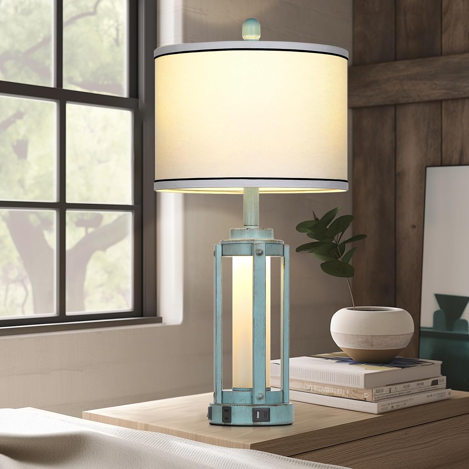 Industrial Farmhouse Table Lamp, 26" Vintage Rustic Beside Lamp with USB A+C Charging Ports & AC Outlet, Nightstand Metal Lamp with LED…