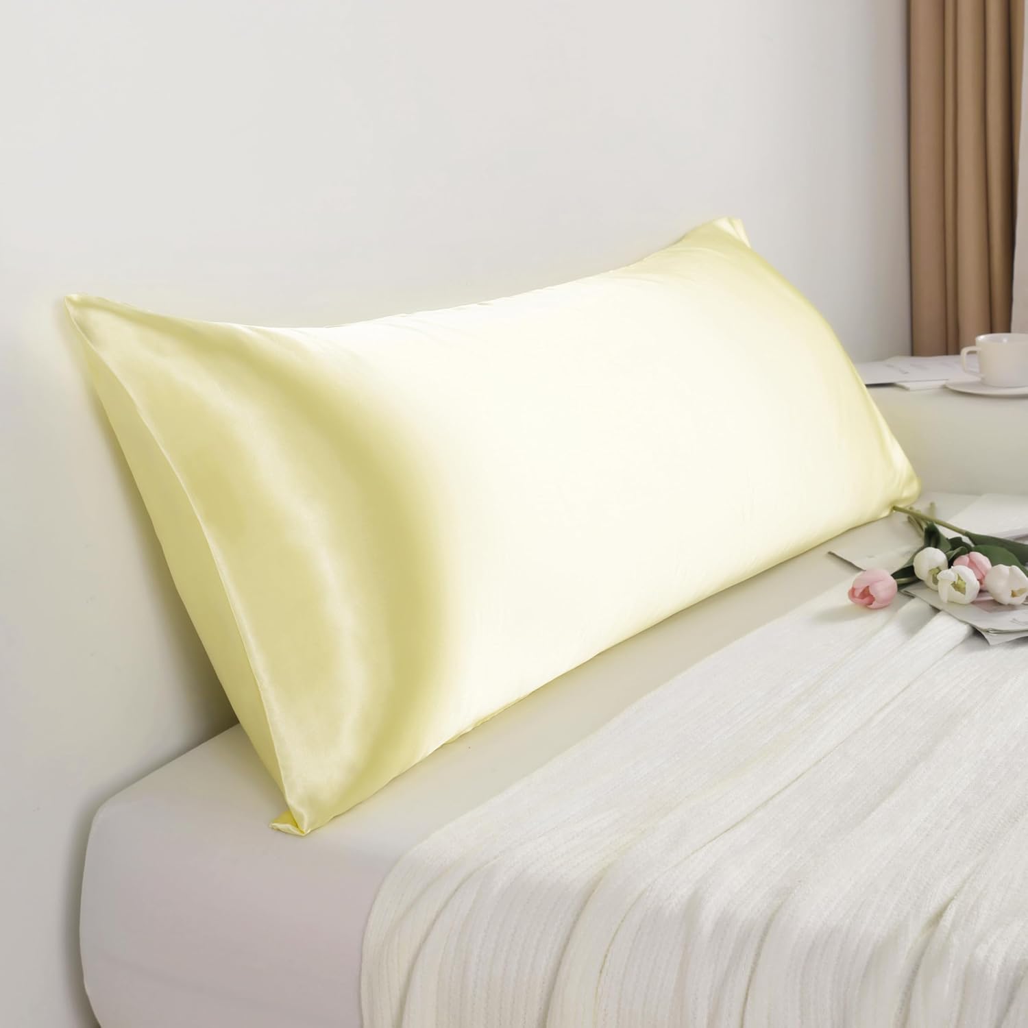 Ntbay Satin Body Pillowcase for Hair and Skin, Luxurious and Silky Pillow case with Envelope Closure, 20x54 Inches, Light Yellow 54 Inches