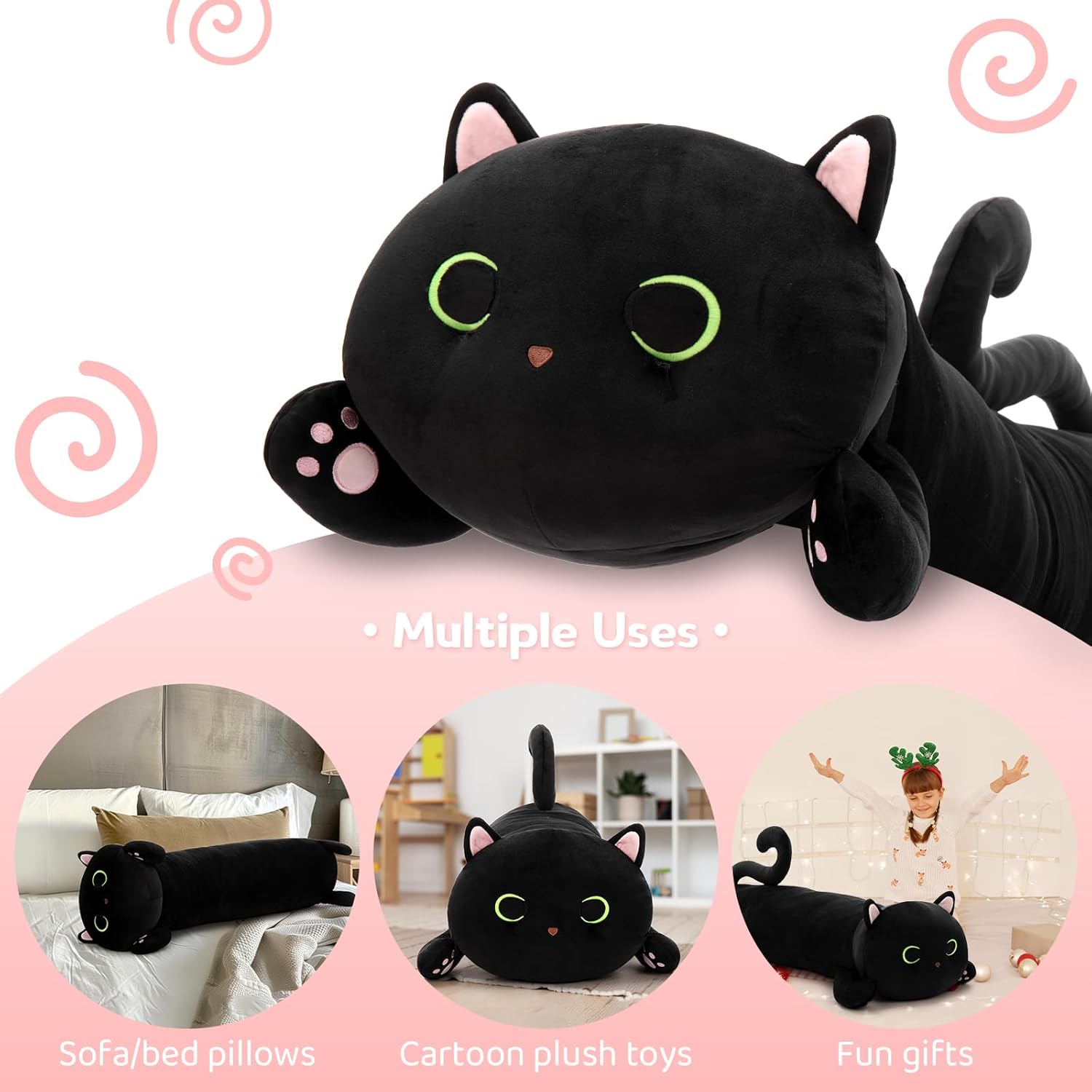 MaoGoLan Black Cat Plush Body Pillow, 44'' Giant Glow in The Dark Cat Stuffed Animal Toy for Girl Boy Kid, Big Cute Kitten Plush Throw…