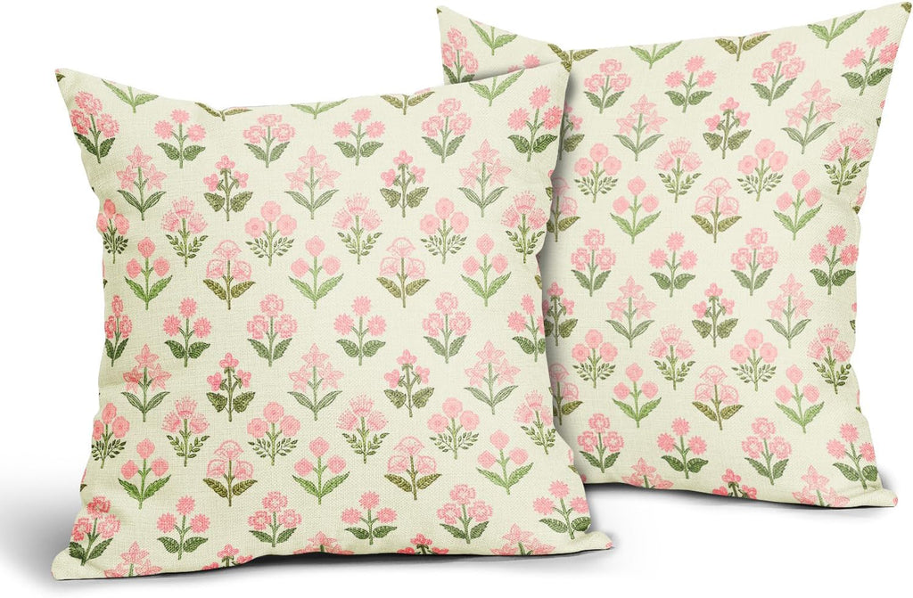 Pink Green Block Print Pillow Covers 20x20 Inch Set of 2 Vintage Floral Decorative Pillow Cases Boho Outdoor Linen Square Cushion Cover…