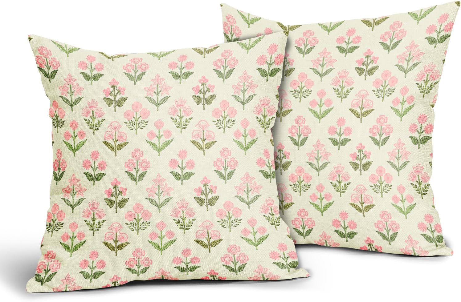Pink Green Block Print Pillow Covers 18x18 Inch Set of 2 Vintage Floral Decorative Pillow Cases Boho Outdoor Linen Square Cushion Cover…