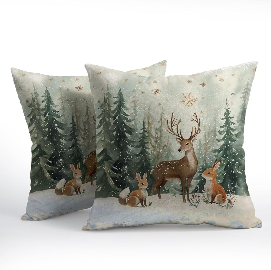 Xmas Reindeer Throw Pillow Cover 18x18 Inch Set of 2 Winter Trees Snowflake Holiday Animals Pillowcase Christma Deer Farmhouse Cushion…