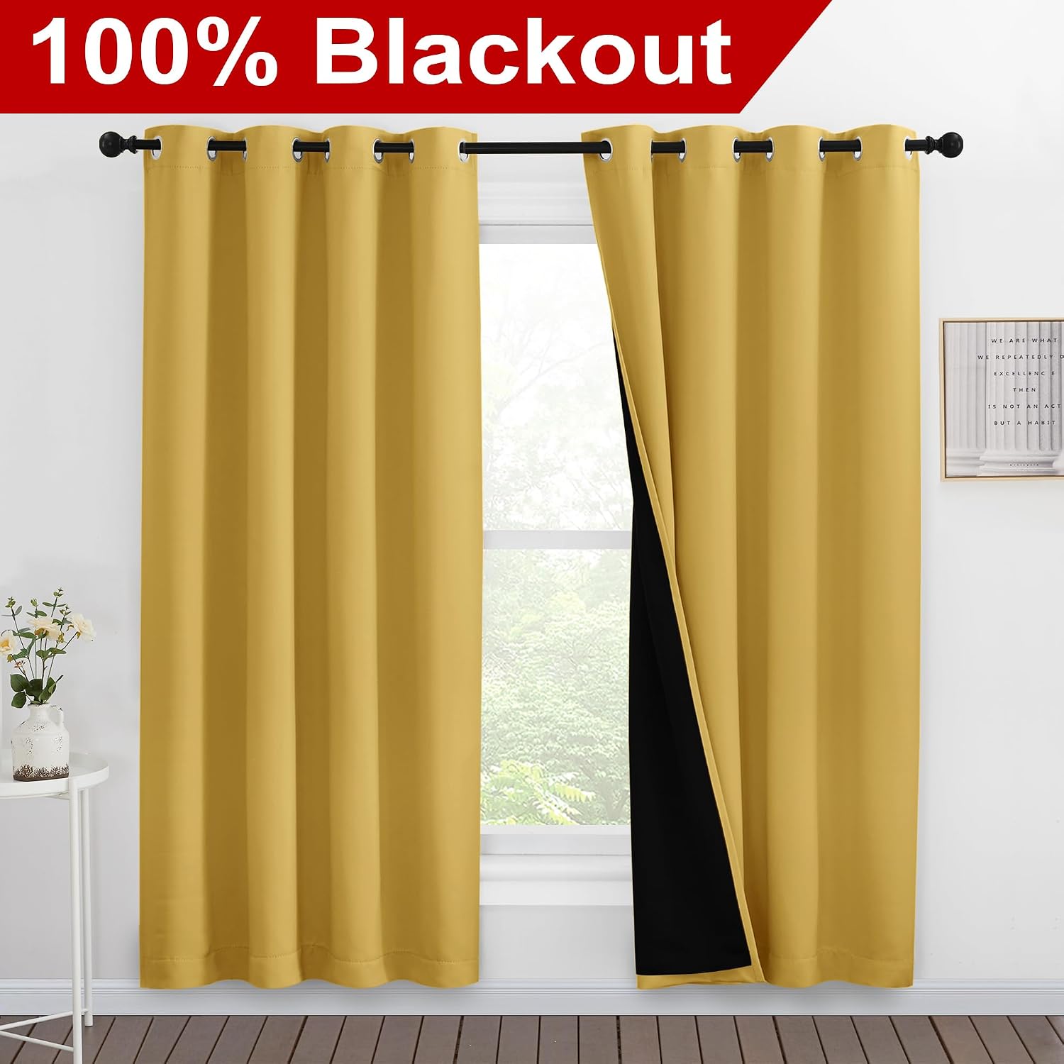 Nicetown Bright Yellow Full Shade Curtain Panels, Pair of Energy Smart & Noise Blocking Out Blackout Drapes for Dining Room Window, Thermal…