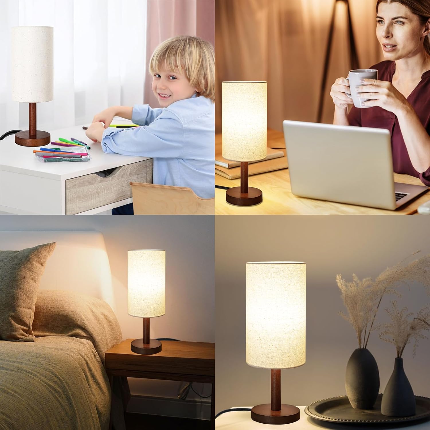 LALISU Small Table Lamp Nightstand Lamp Linen Lampshade Bedroom Wood Base Small Bedside Lamp for Night Stands, Desk Lamps for Reading…