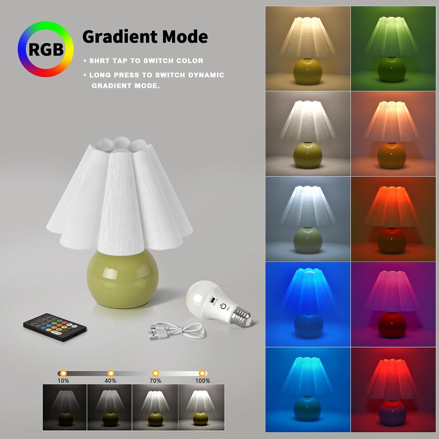 Rechargeable Cordless Green Small Table Lamp, Battery Operated Remote Control LIght Mini Cute Table Lamps for Bedroom Nightstand, Cute…