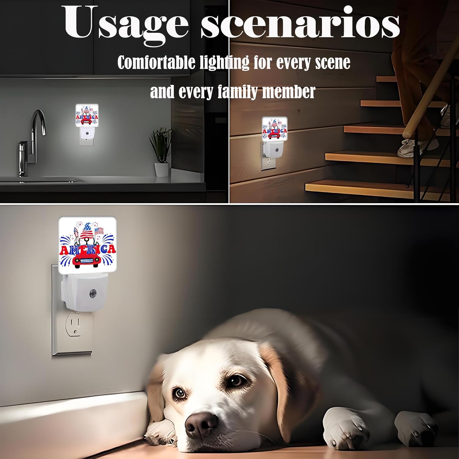 Happy Independence Day Night Light, Plug Into Wall with Dusk to Dawn Light Sensors, Warm Nightlights for Bedroom, Bathroom, Hallway…