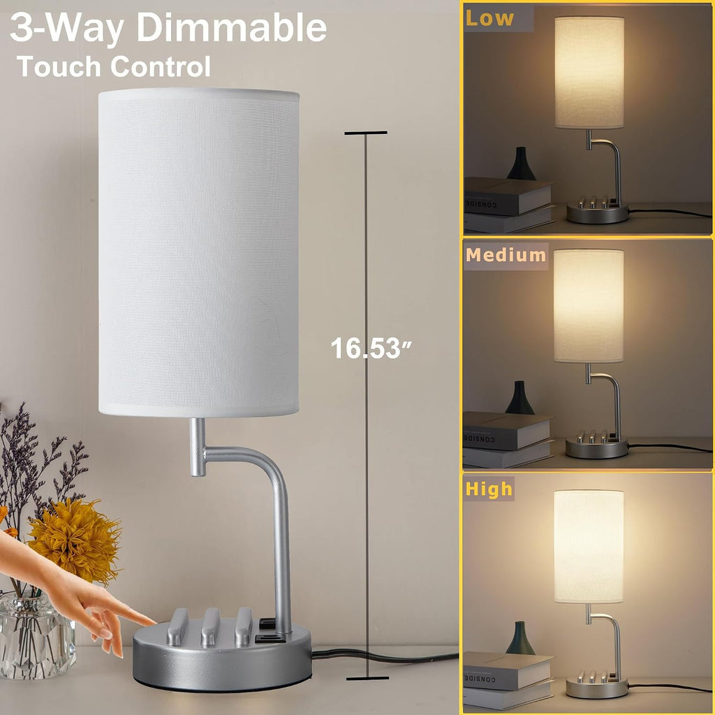 Dreamholder Touch Control USB Table Lamp, Upgraded 3-Way Dimmable Bedside Desk Lamp with USB C & A Charging Ports and AC Outlet…
