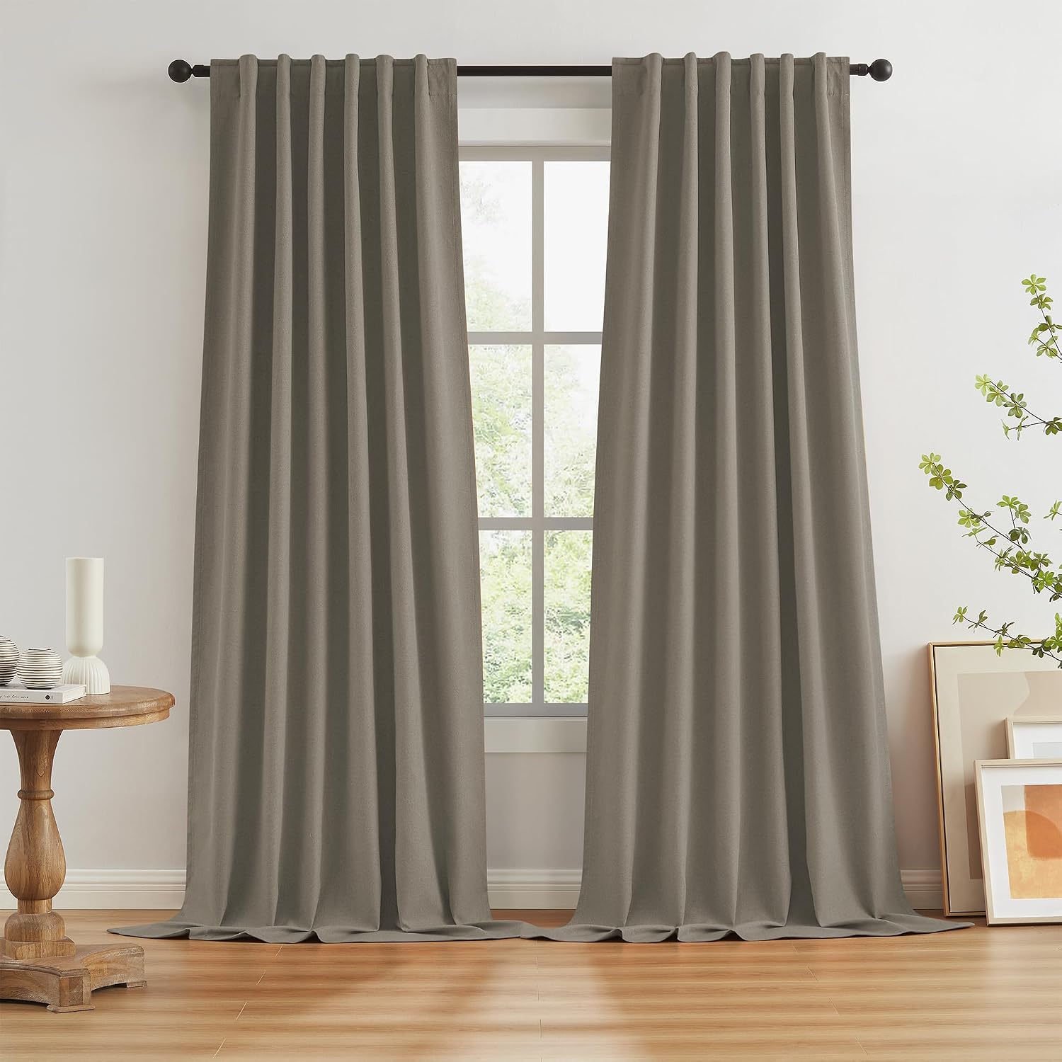 Keqiaosuocai Linen 100% Blackout Curtains 108 Inches Long for Living Room 2 Panels Back Tab Pocket Hook Belt Full Light Blocking Window Dra…