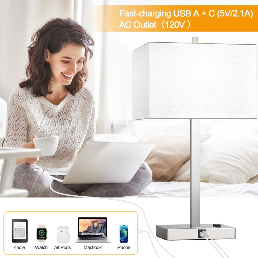21" Set of 2 Touch Control Table Lamps with 2 USB & AC Outlets, 3-Way Dimmable Modern Nightstand Lamps for Bedroom Living Room Office…