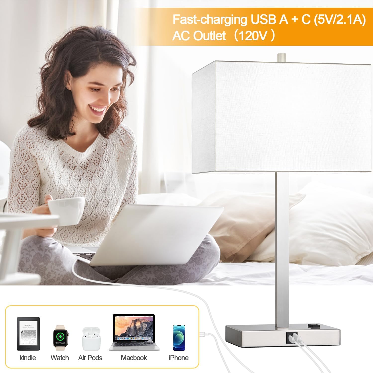 21" Set of 2 Touch Control Table Lamps with 2 USB & AC Outlets, 3-Way Dimmable Modern Nightstand Lamps for Bedroom Living Room Office…