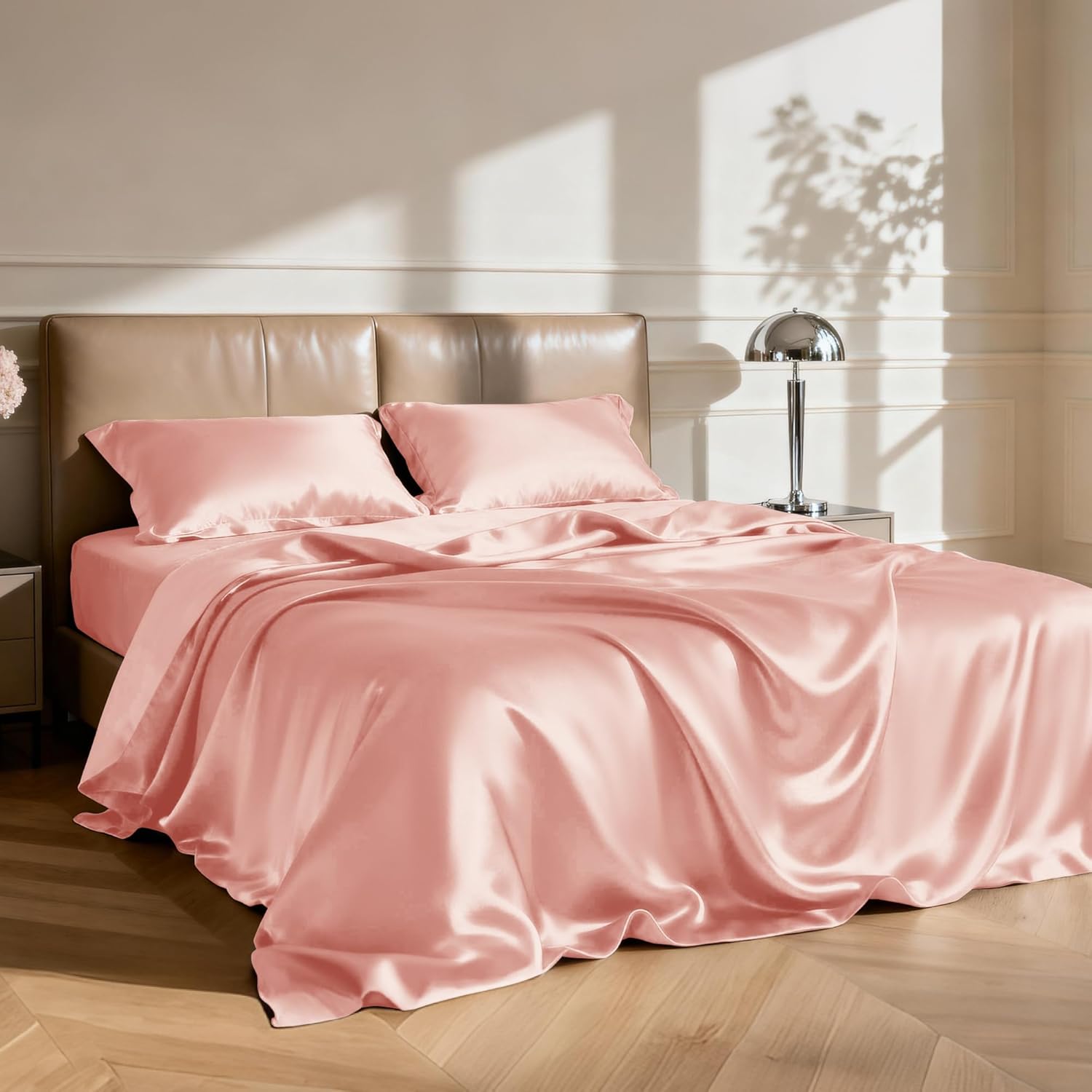 Lovescabin Love's cabin California King Satin Sheet Sets - 4 Piece Coral Silky Sheets Bed Set with Deep Pocket, Luxury Silk Feel Satin Cal…