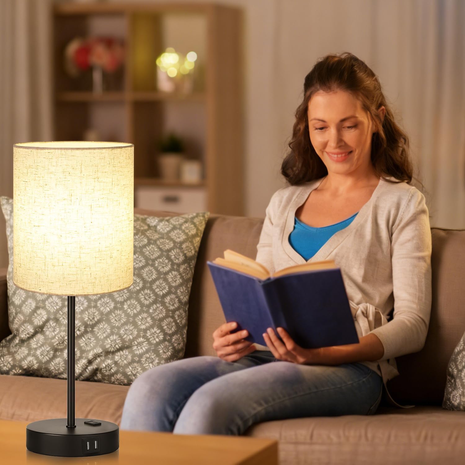 Lynnoland 2 Pack Touch Control Table Lamps with 2 USB & AC Outlet, 3-Way Dimmable Bedside Nightstand Lamps for Bedroom Living Room…