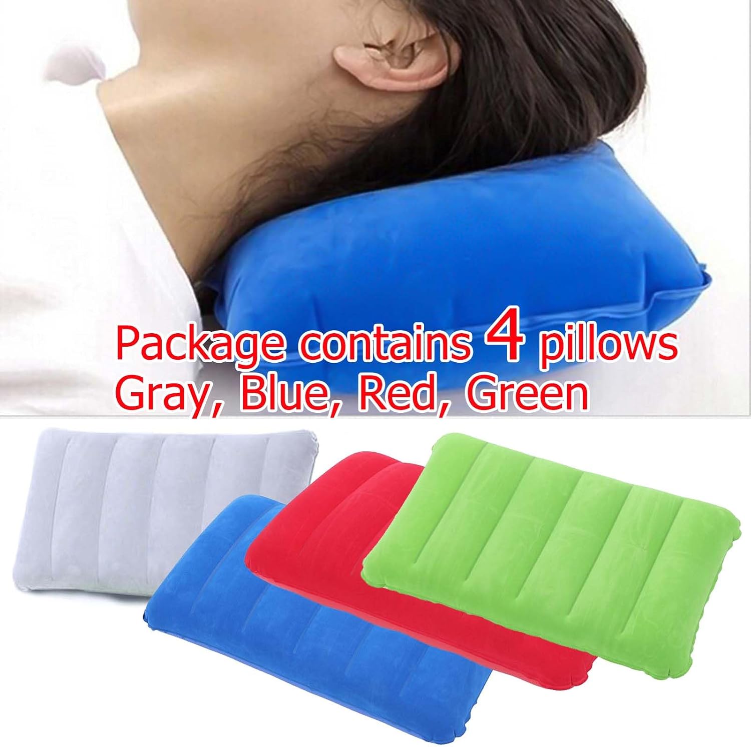 4Pack Ultralight Inflatable Travel Pillow, Small Squared Flocked Fabric Air Pillow for Traveling, Holiday Trip, Hiking…
