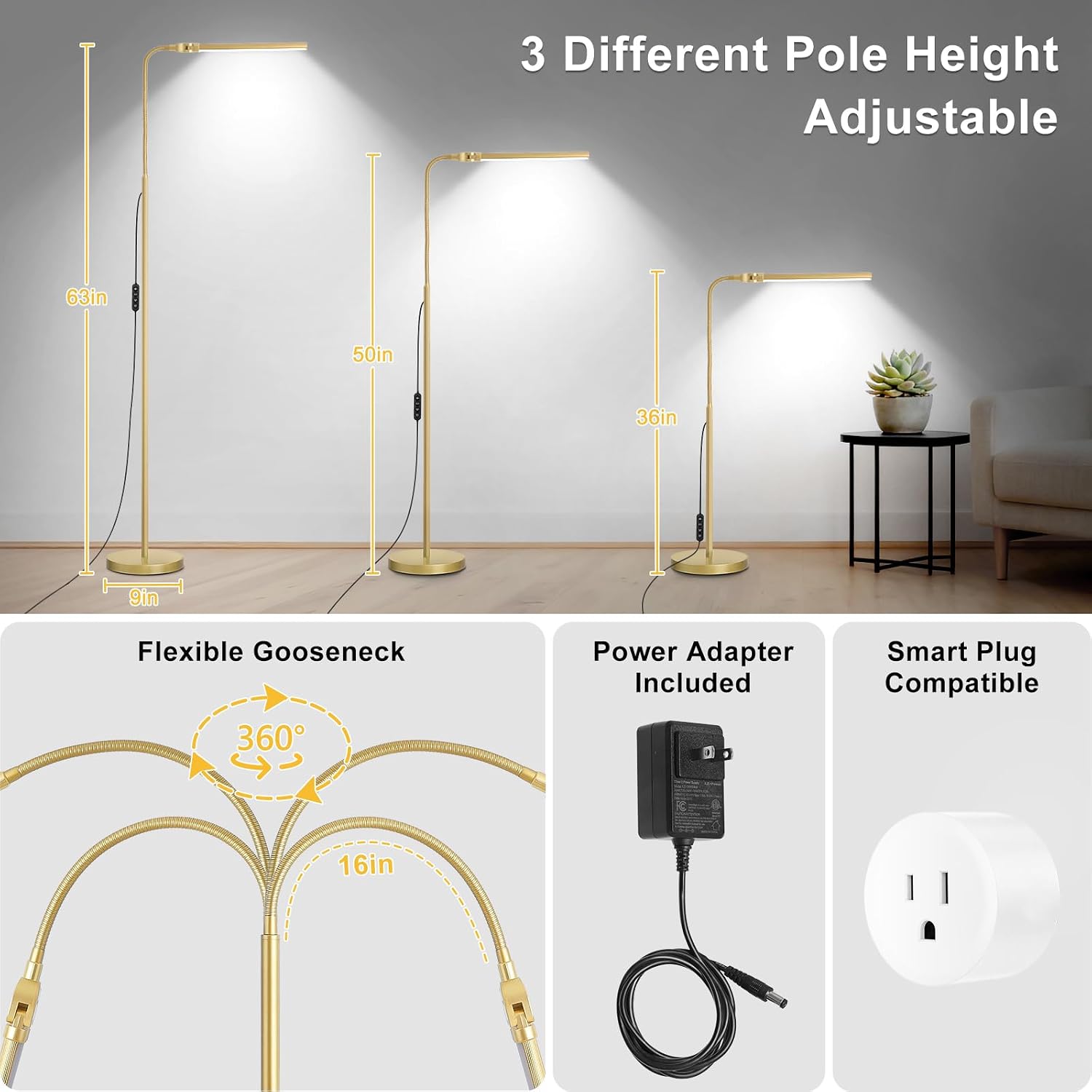 Gold Floor Lamp, 18W/2000LM Bright LED Floor Lamp for Living Room Office, Adjustable Gooseneck Dimmable Standing Task Lamp for Reading…