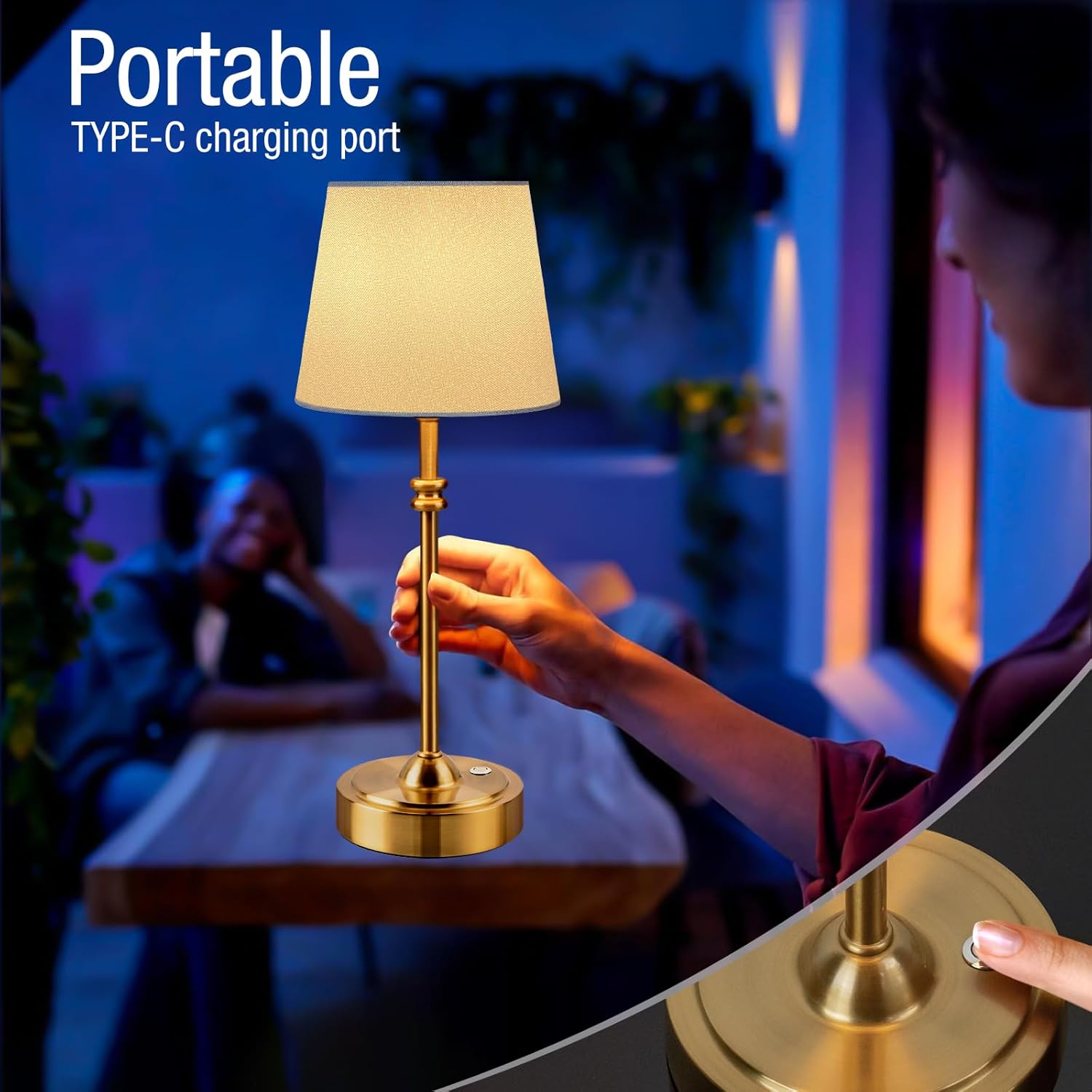 ONEWISH Cordless Table Lamps Set of 2 - Battery Powered Lamp, 4000mAh Rechargeable, Stepless Dimmable, Wireless Lamp with Fabric Shade…