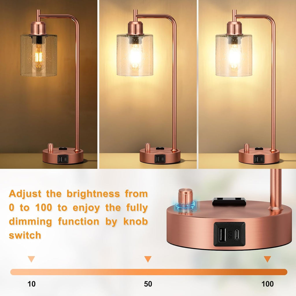 Innqoo Copper Industrial Bedside Table Lamp for Bedroom - Nightstand Lamps with USB C Charging Port, Fully Dimmable Black Ports and…