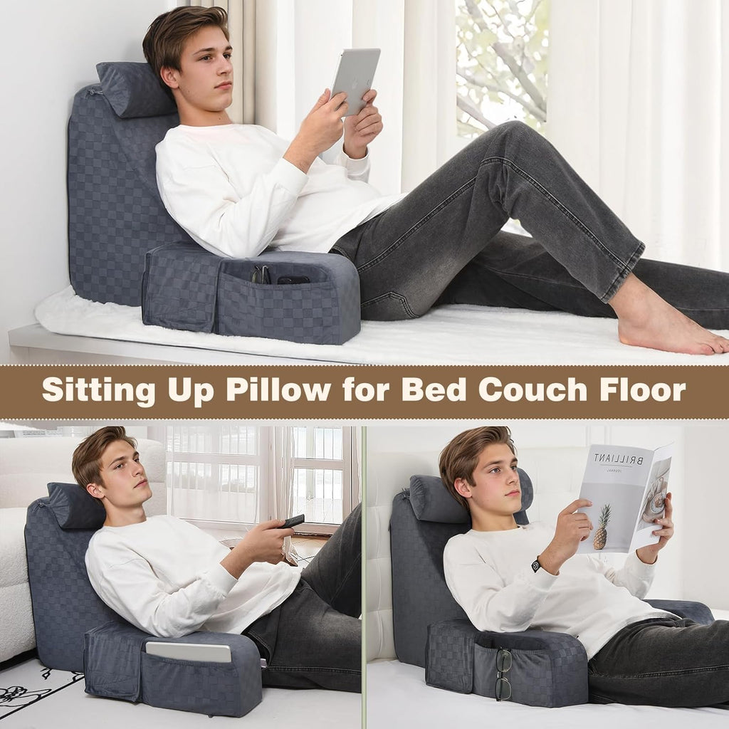 Vekkia 21" Large Reading Pillow with Adjustable Arms & Headrest – Wide Backrest Cushion for Adults with Extra-Large Pockets for Reading…