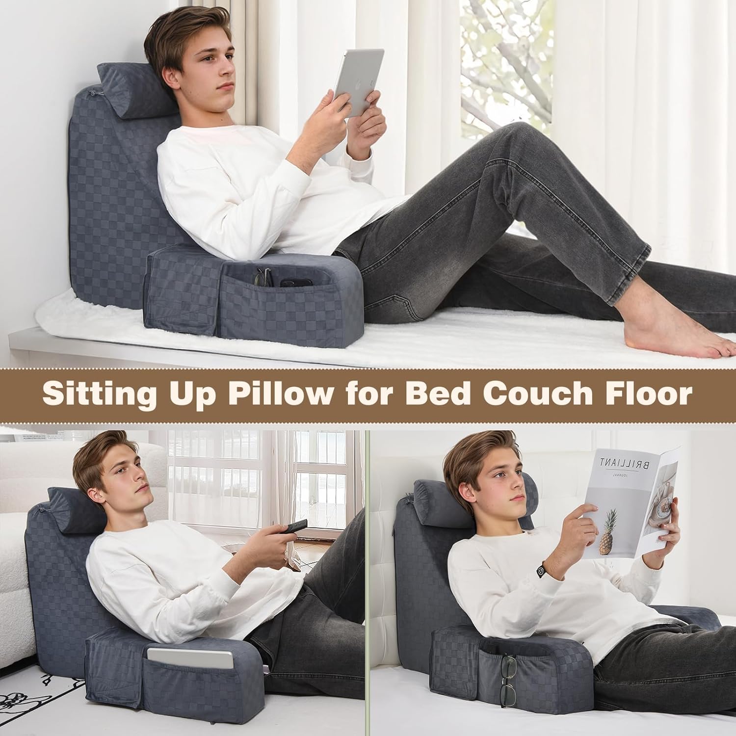 Vekkia 21" Large Reading Pillow with Adjustable Arms & Headrest – Wide Backrest Cushion for Adults with Extra-Large Pockets for Reading…
