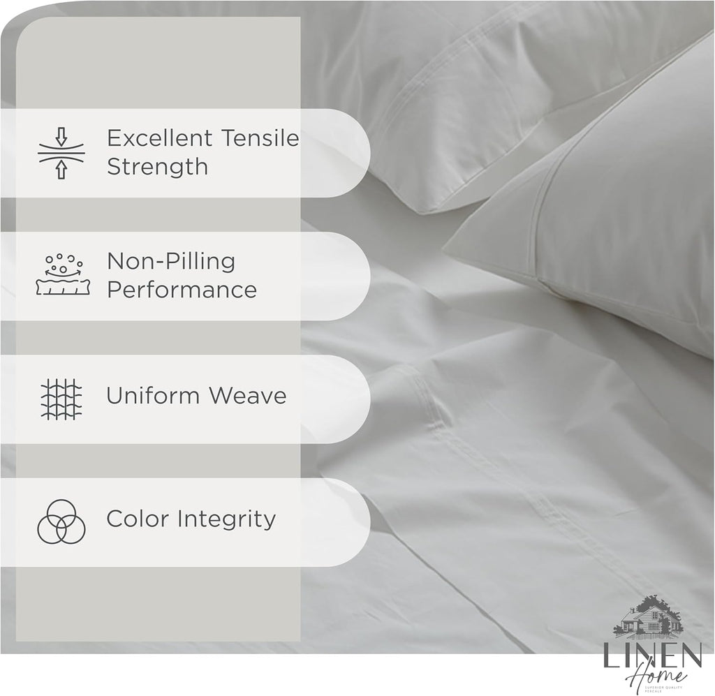 Linen Home 100% Cotton Percale Sheets Twin XL Size, White, Deep Pocket, 3 Pieces Set - 1 Flat, 1 Deep Pocket Fitted Sheet and 1…