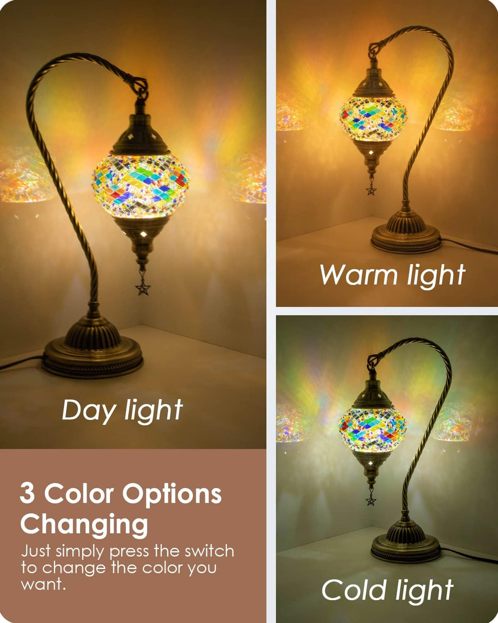 Yarra-Decor Turkish Moroccan Lamp with Bronze Base 3-Way Color Changing Handmade Swan Neck Tiffany Mosaic Glass Bedside Lamps for Bedroom…