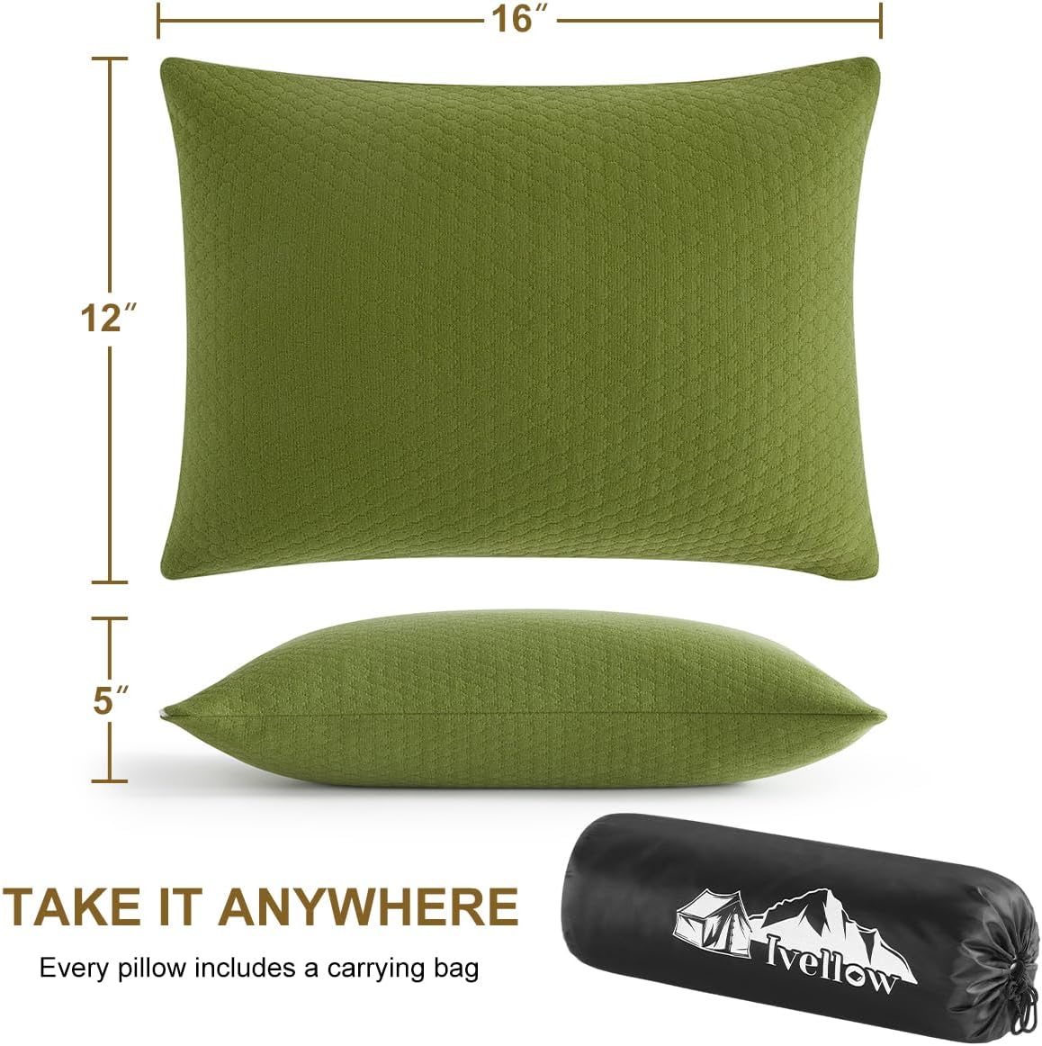 Ivellow Memory Foam Travel Pillow - Compact, Lightweight, Breathable & Hypoallergenic - Adults & Kids - Camping, Hiking, Travel - Avocado G…