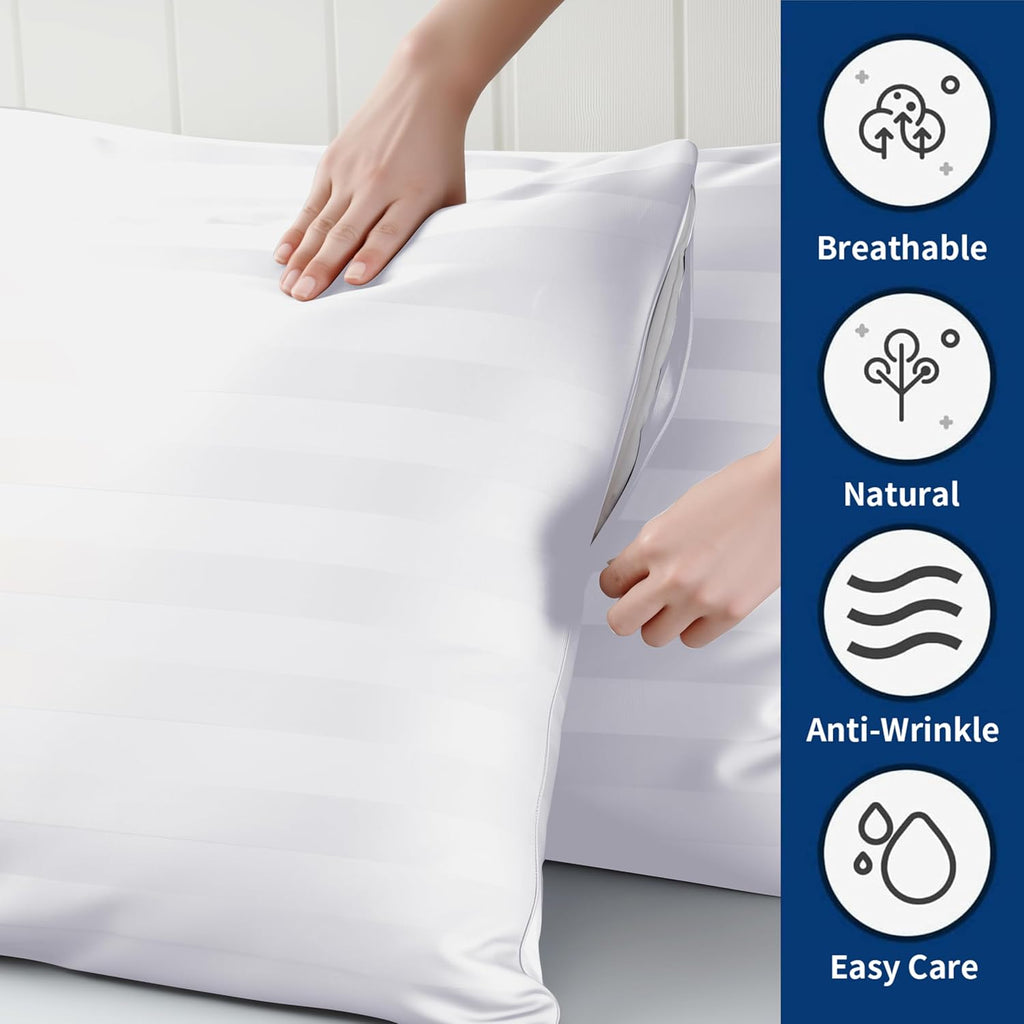 ZaizaiHome Queen Pillow Protector Set of 4, 100% Egyptian Cotton Pillow Cases with Zipper 400 Thread Count Sateen Weave Cotton White Stripe…