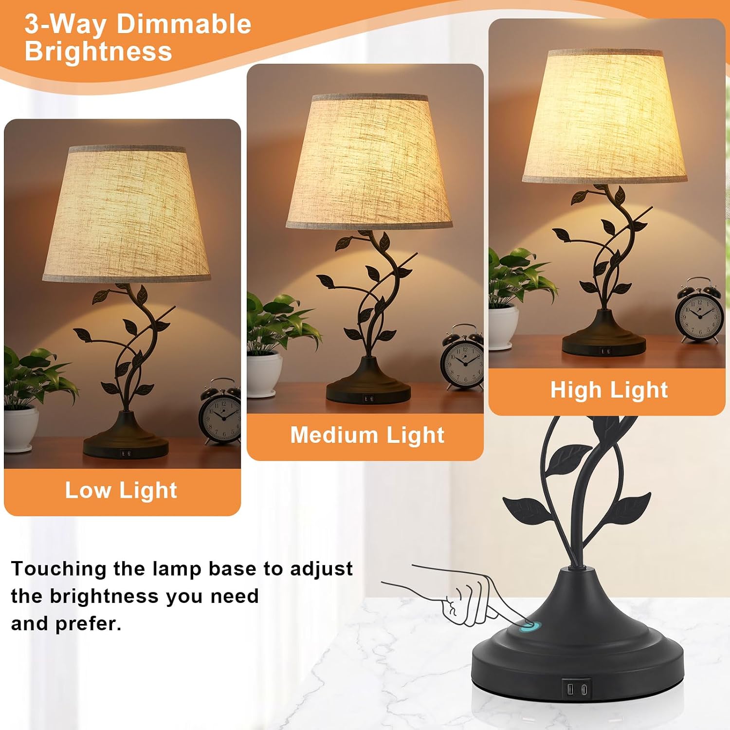 Kakanuo Table Lamp for Bedside, Lamp for Living Room with USB-A and USB-C Charging Ports, Traditional Tall Bedroom Lamp for End Table