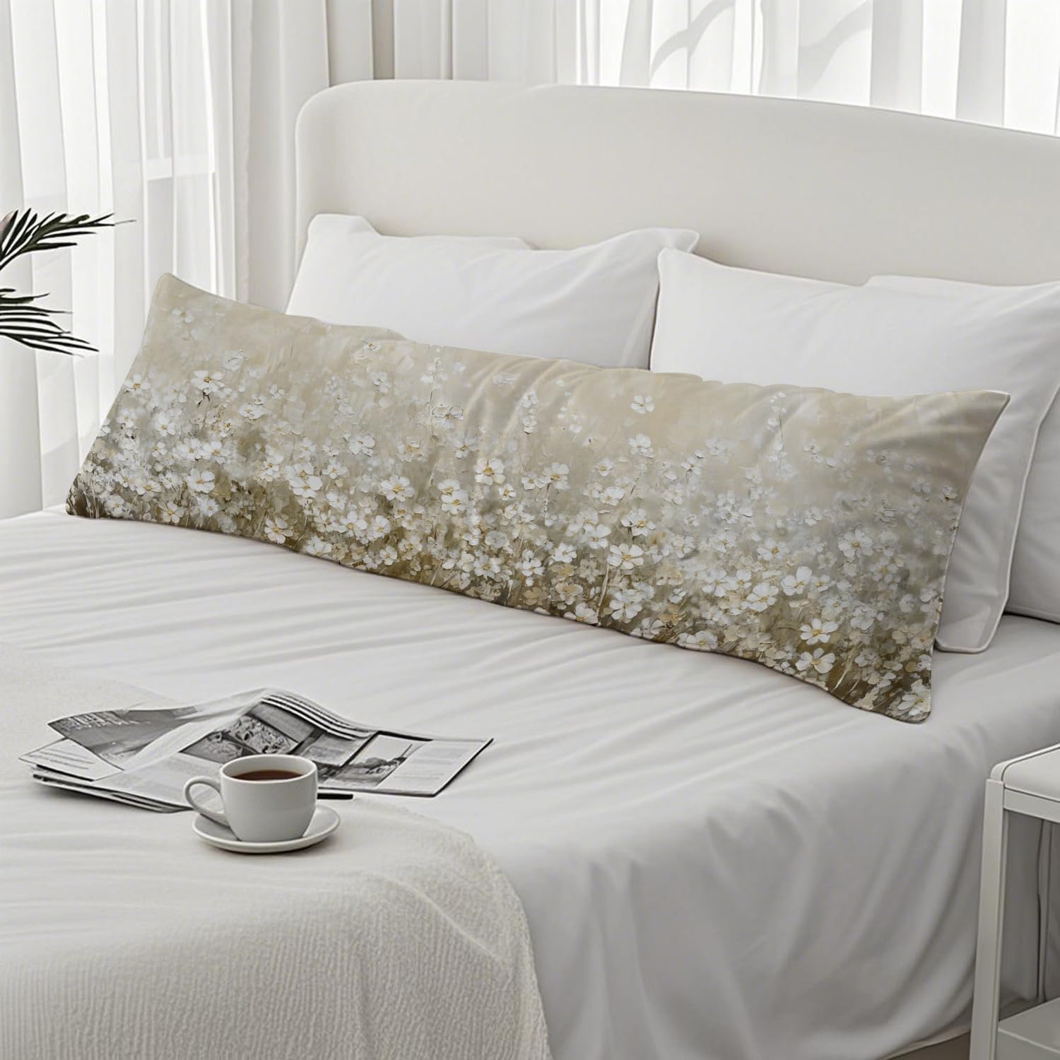 Vintage White Flower 20x54 Body Pillow Cover, Floral Room Decor, Botanical Decor, Abstract Modern Nature Wildflower Botanical Decorative…