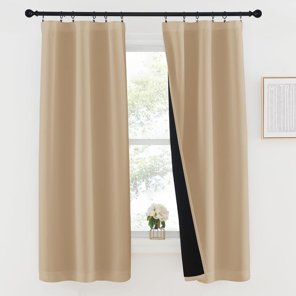 Nicetown Biscotti Beige 100% Blackout Lined Curtains, 2 Thick Layers Completely Blackout Rod Pocket Thermal Insulated Drapes for Kitchen/Be…