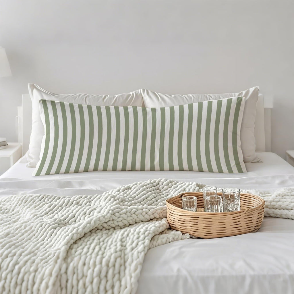 Sage Green Striped 20x54 Body Pillow Cover, Preppy Room Dorm Decor, Sage Green and White Line Decorative Long Body Pillow Cases for Bed…