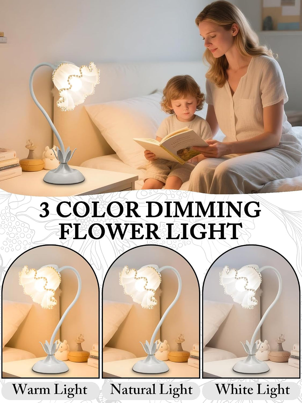 Aqdzcnf Flower Table Lamp, LED Reading Light Bedside Vintage Flower Night Light,3 Colors Modes Kawaii Bedside Lamps Decor, Living Room Bedroo…