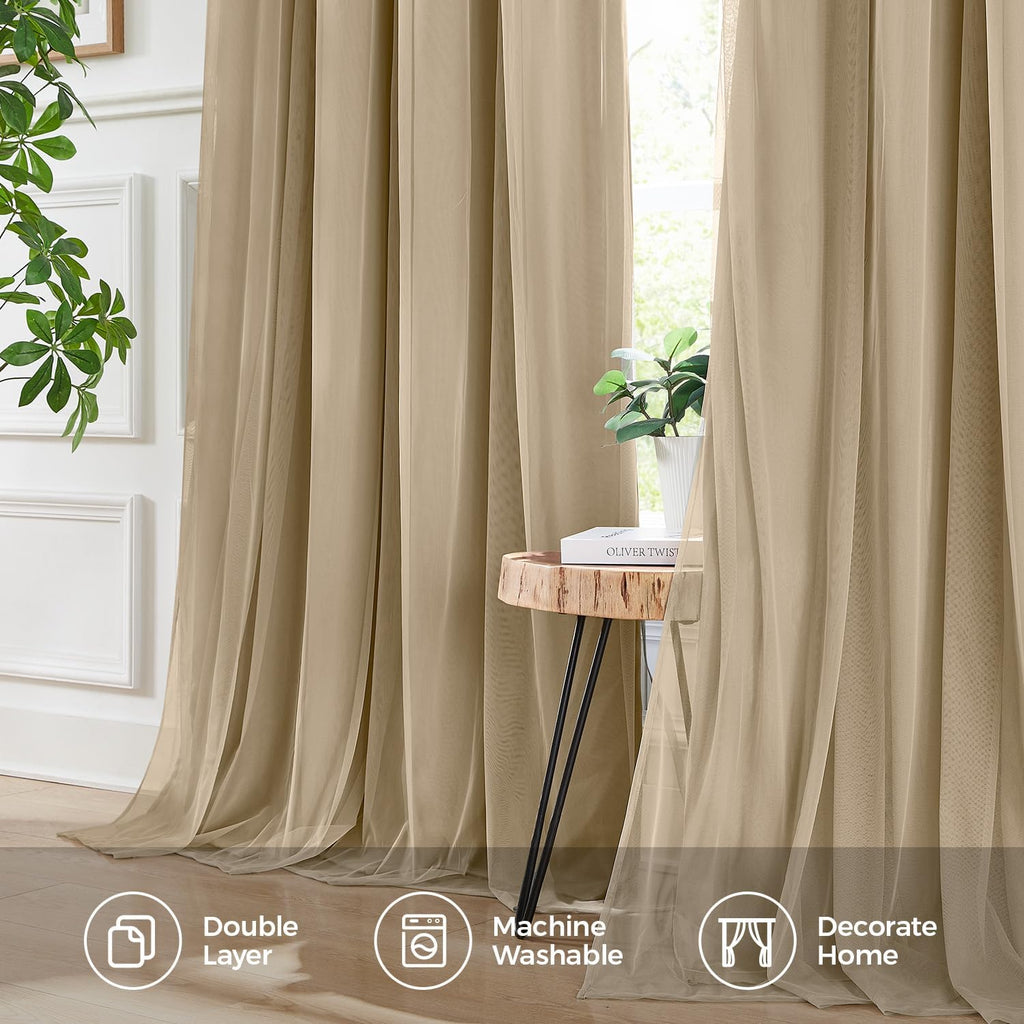 Swandream 100% Blackout Curtains for Bedroom, Double Layer Khaki Curtains, Black Out Curtain 63 inch Long with Sheer Overlay for Living Roo…