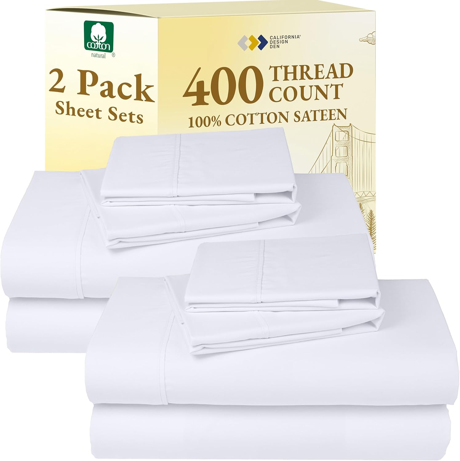 CaliforniaDesignDen California Design Den Pack of 2 Cal King Bedsheet Set - 400 Thread Count Sateen 100% Cotton Sheets - Soft and Breathabl…