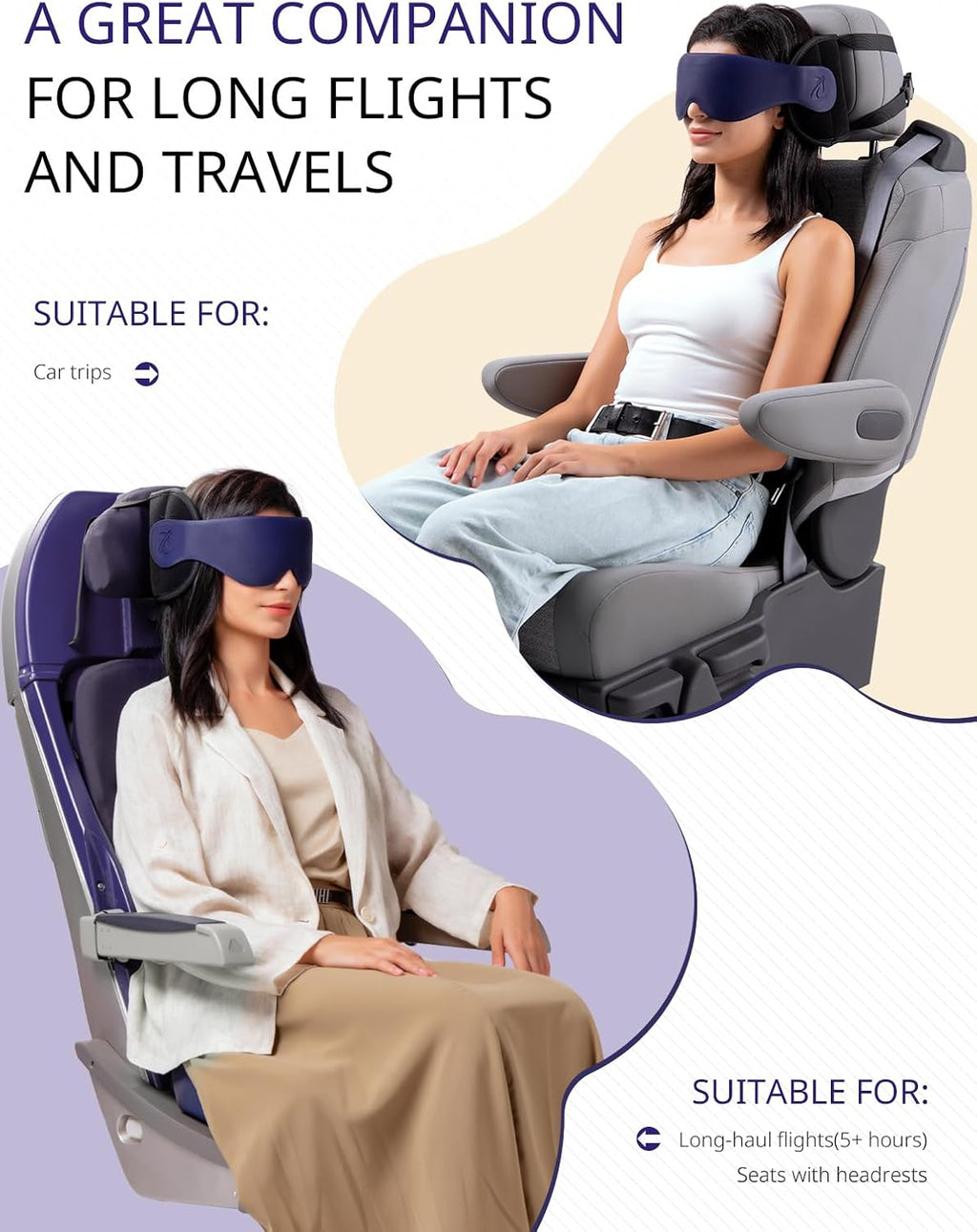 Bonairest Travel Pillow, Airplane Neck Pillow with 3D Eye Mask for Sleeping, Round Edge Plane Head Strap 360°Headrest Support for Long Flig…