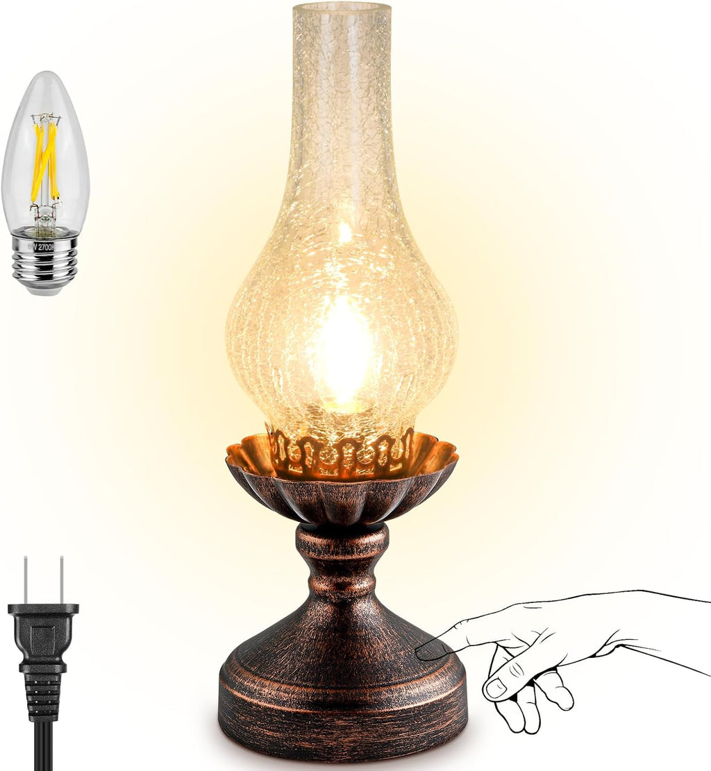Vintage Table Lamp | Touch Control & 3-Way Dimmable Rustic Retro Farmhouse Bedside Lamp with Clear Glass Shade and LED Bulb for Bedroom…
