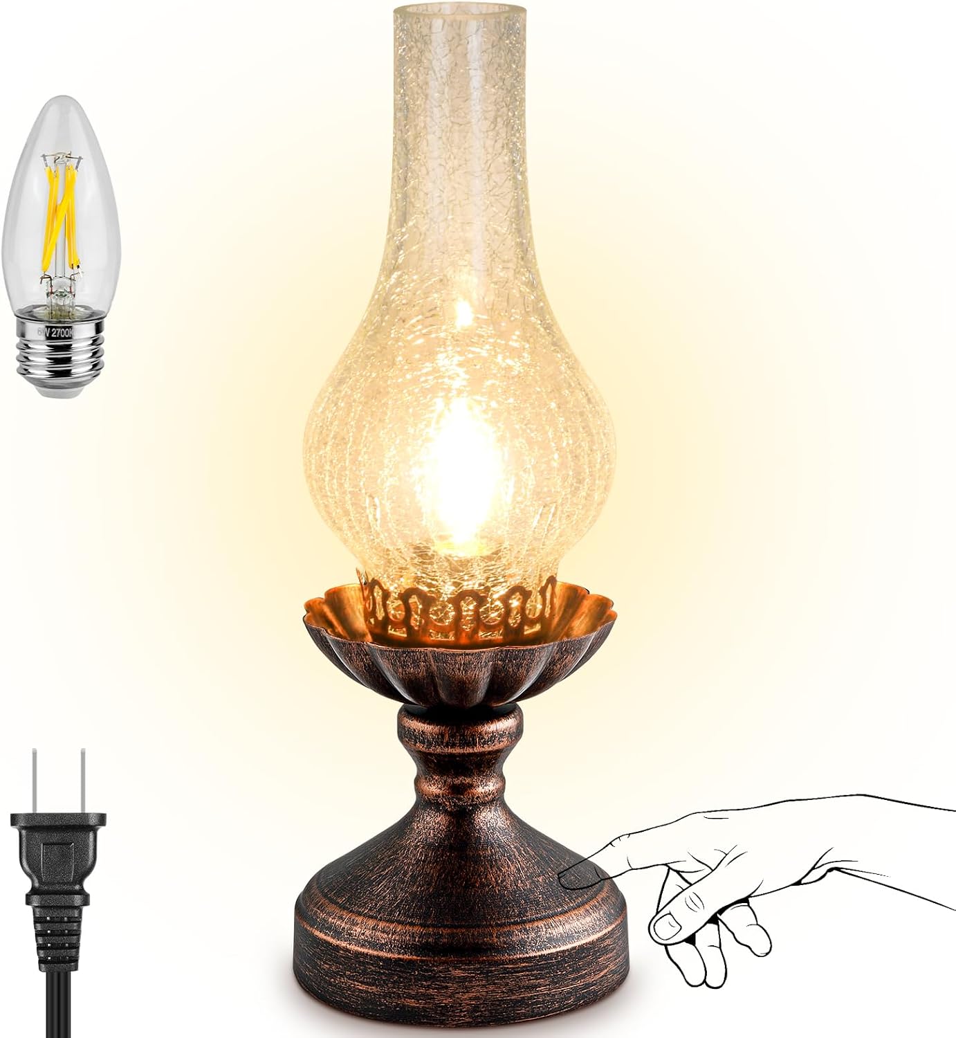 Vintage Table Lamp | Touch Control & 3-Way Dimmable Rustic Retro Farmhouse Bedside Lamp with Clear Glass Shade and LED Bulb for Bedroom…