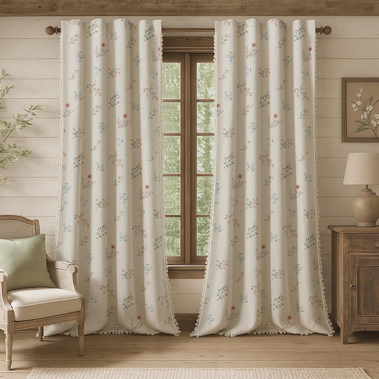 XOGUIBO Farmhouse Floral Curtains 96 Inches Long 100% Blackout Living Room Drapes, Linen Blend Bohemian Window Curtain Panels with T…