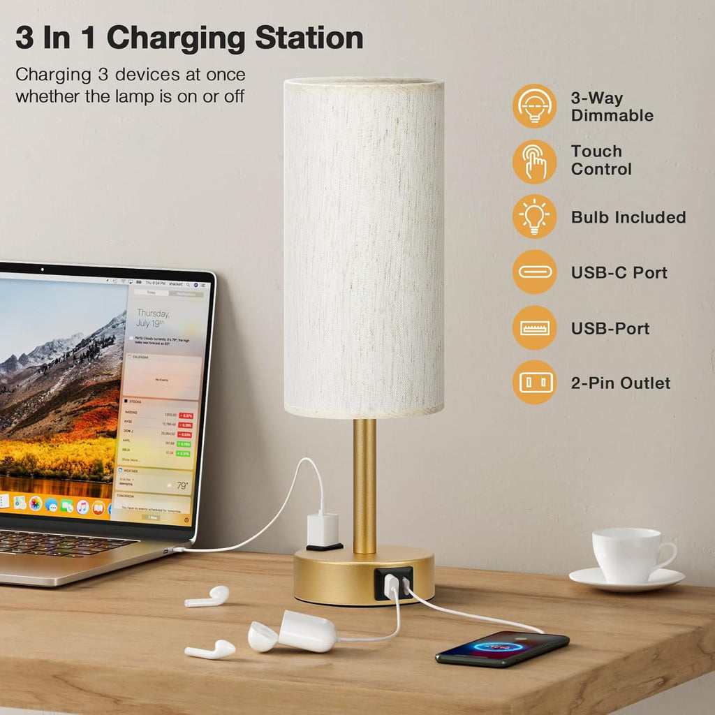 PartageiZ Gold Touch Table Lamps Set - 3 Way Dimmable Bedroom Lamps with USB C and A Ports, Small Lamps for Nightstand with AC Outlet…
