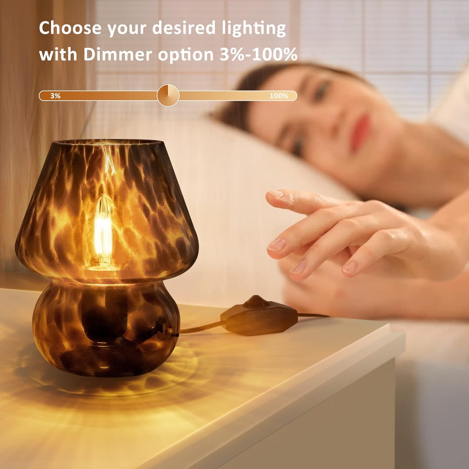 ONEWISH Mushroom Lamp Small Vintage Table Lamp for Bedroom Set of 2, Nightstand Bedside Lamp Translucent Glass Dimmable, Murano Aesthetic…