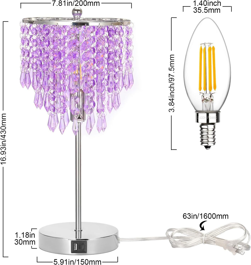 USB Bedside Crystal Lamp, 3 Way Dimmable Touch Nightstand Lamp with Dual USB Charging Ports, Lavender Table Lamp Decorative Accent Lamp…