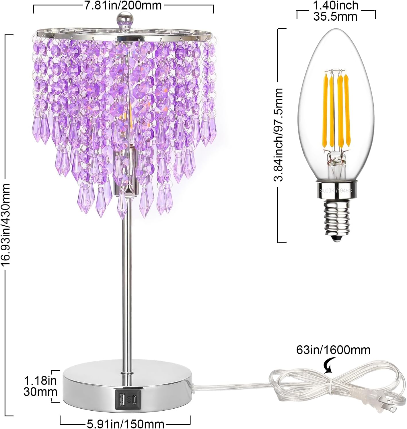 USB Bedside Crystal Lamp, 3 Way Dimmable Touch Nightstand Lamp with Dual USB Charging Ports, Lavender Table Lamp Decorative Accent Lamp…