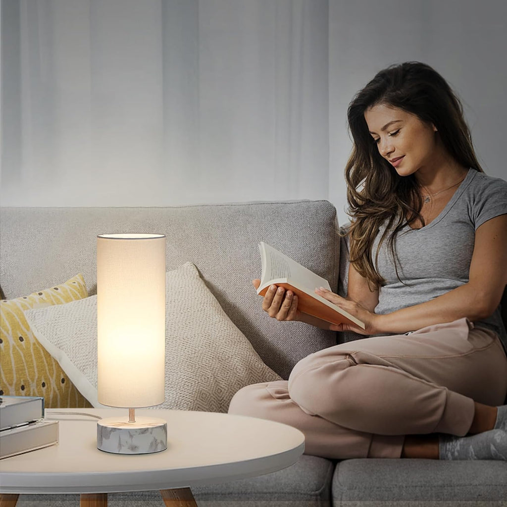 Touch Table Lamp with Metal Base Covered with Marble Grain, 3 Way Dimmable Modern Bedside Nightstand Lamp with White Shade, Simple Night…