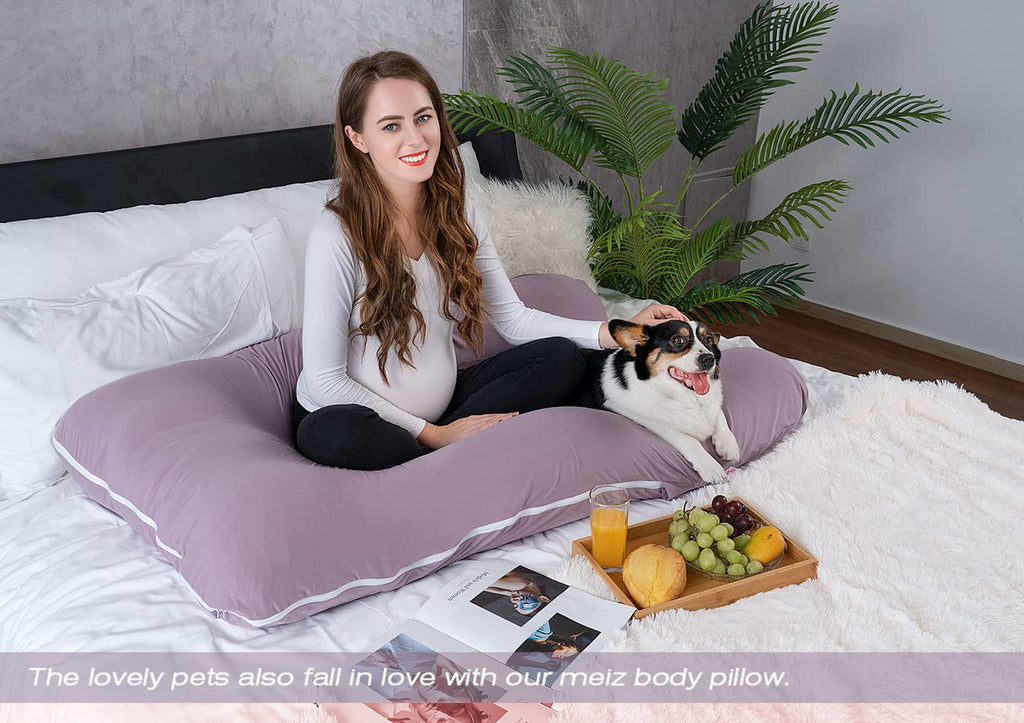 Meiz U Shaped Sleeping, Cooling 60‘’ Maternity Pillow for Pregnant Women with Jersey Cover, Purple 1 Count 60 Inch Cotton