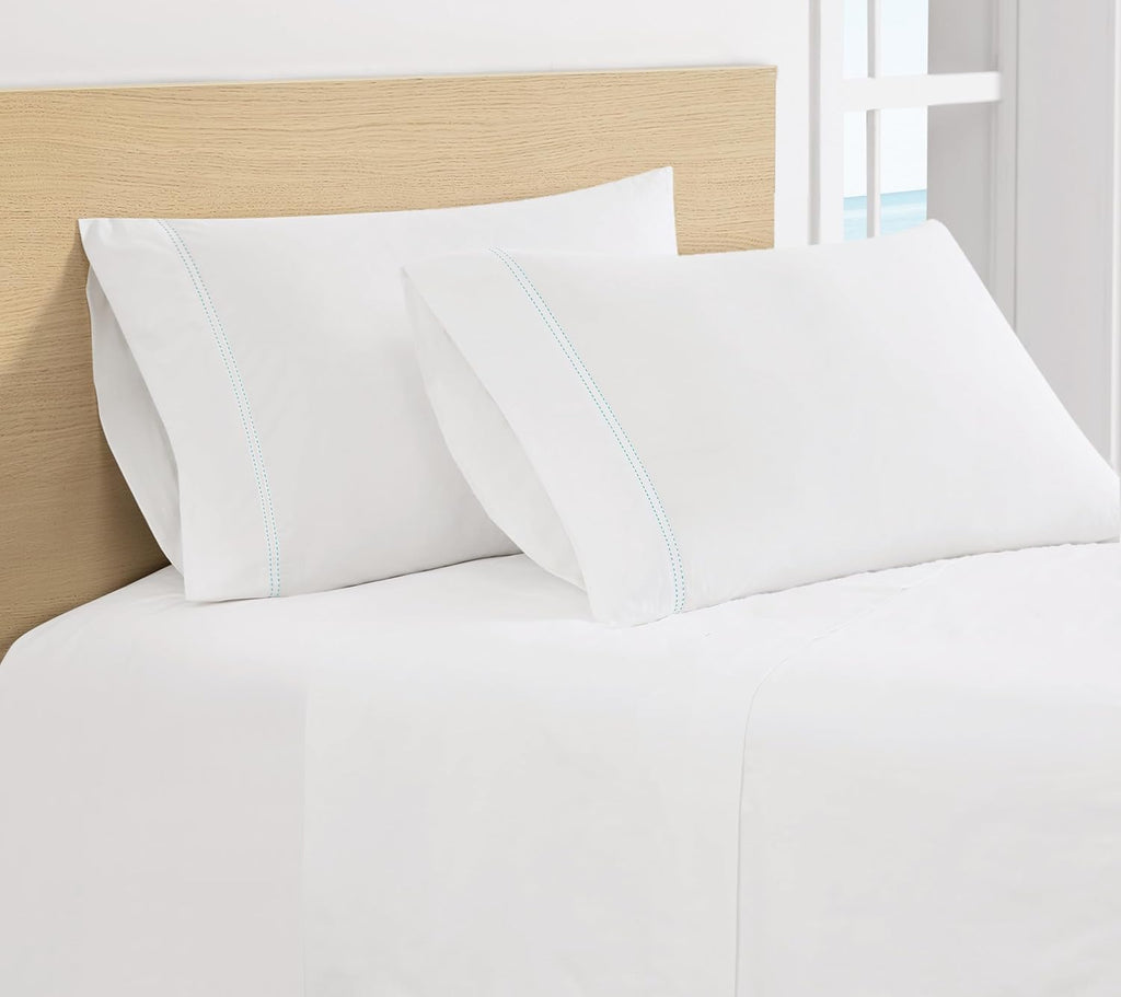 Scout 100% Cotton Percale Pick Stitch 2-Piece Standard Pillowcases in White/Seafoam, Solid Color, Oeko-TEX Certified Cotton White