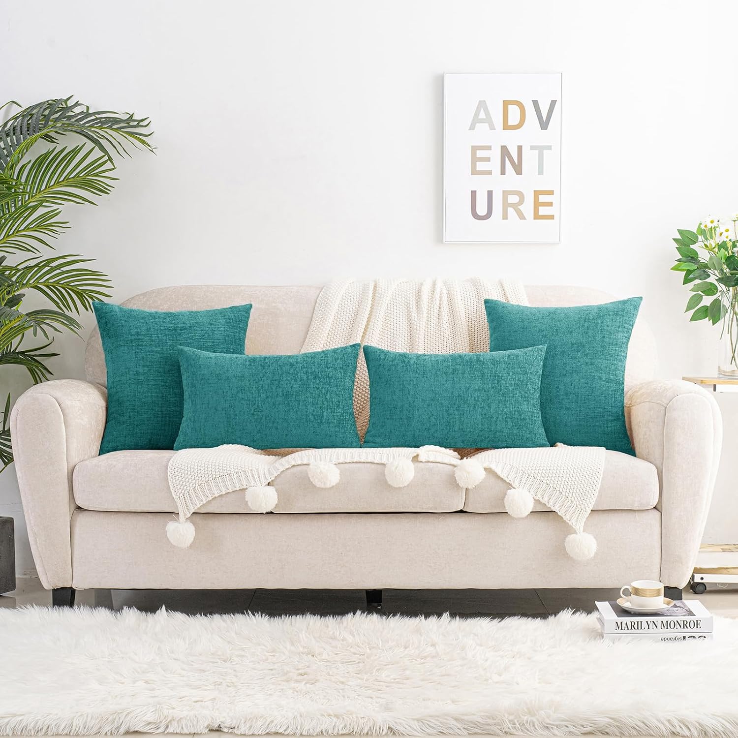 Hwy50 HWY 50 Teal Couch Pillow Covers 22x22 Inch Pack of 2, Soft Chenille Decorative Throw Pillow Cases Farmhouse for Sofa Living Room Bed…