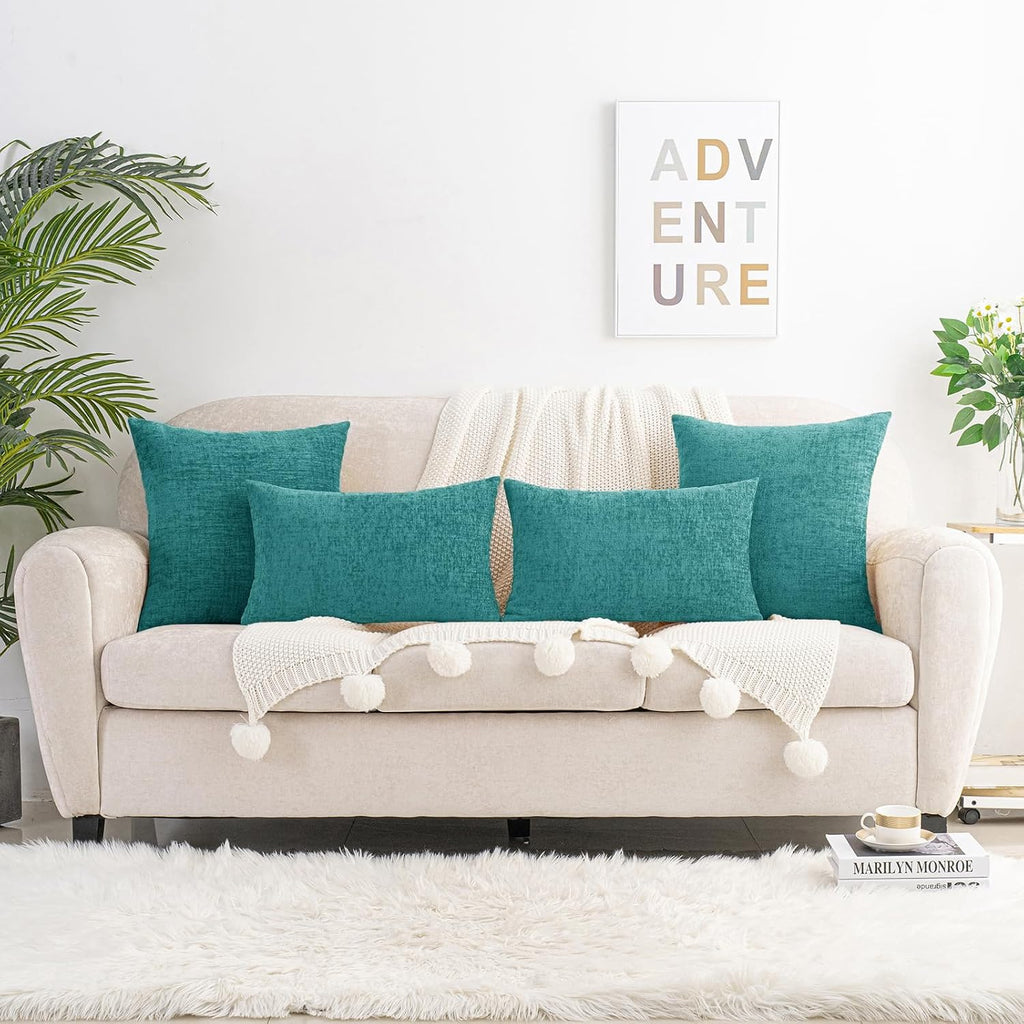 Hwy50 HWY 50 Teal Couch Pillow Covers 18x18 Inch Pack of 2, Soft Chenille Decorative Throw Pillow Cases Farmhouse for Sofa Living Room Bed…