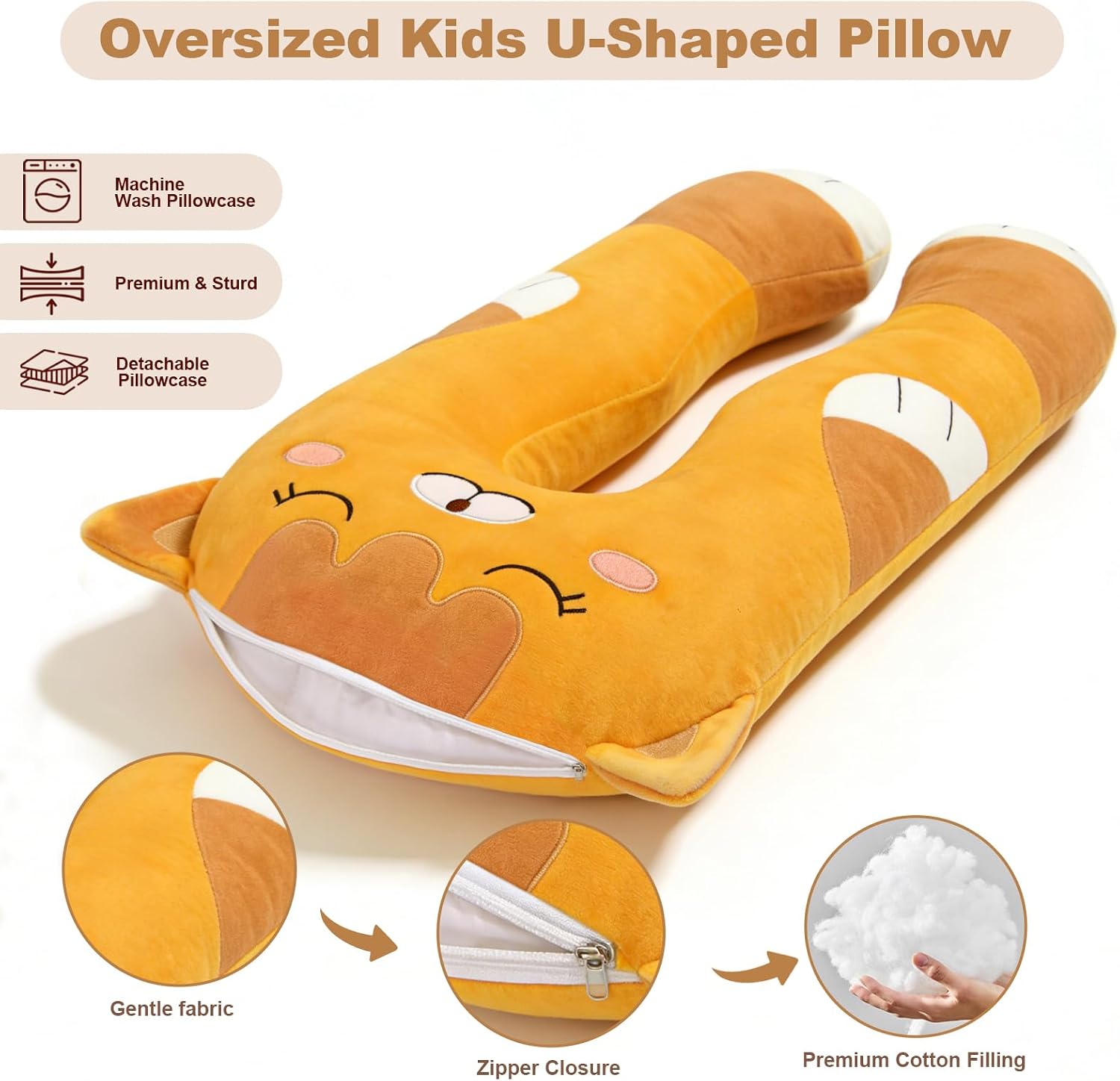 47x23 inch U Shaped Long Plush Body Pillows for Kids, Stuffed Animal Cat Soft Large Pillow for Sleeping, Big Cute Plushies, Washable…