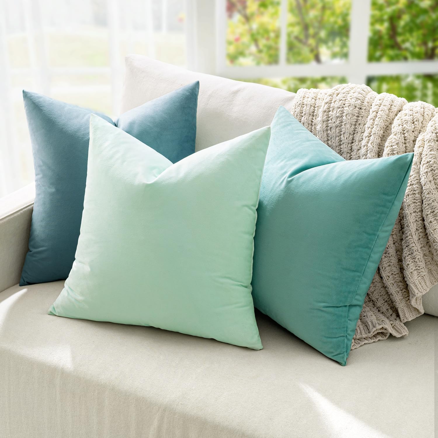 Miulee Velvet Throw Pillow Covers 16x16 Inch, Pack of 2 - Aqua Green, Soft Solid Decorative Pillow Covers Cushion Cases Modern Luxury Home…