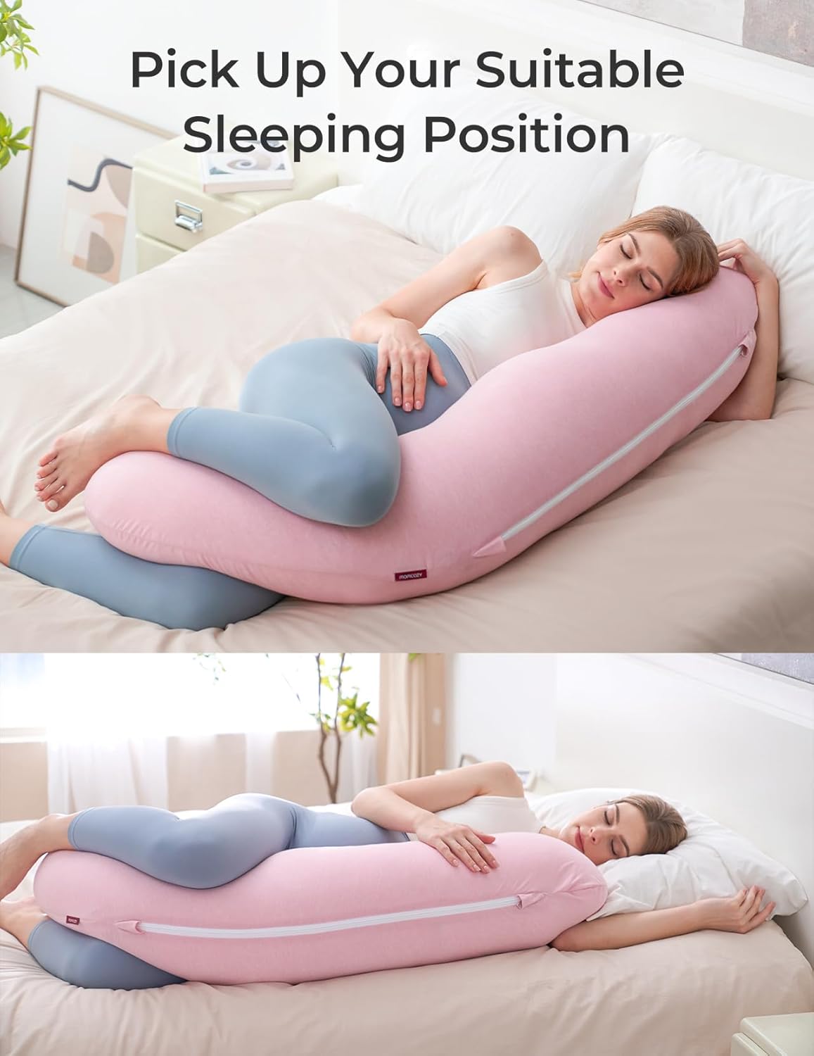 Momcozy Body Pillow for Pregnancy, J Shaped Pregnancy Pillows for Side Sleeping, Soft Maternity Pillow with Jersey Cotton Cover for Head Ne…